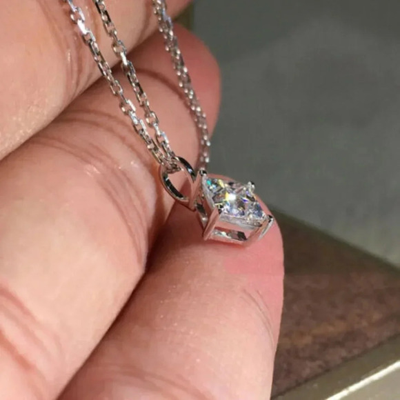 925 Sterling Silver Princess Cut Diamond Necklace - Picture 3 of 4